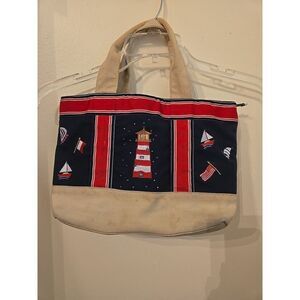 Tianni Lighthouse Purse Blue Tan and Red Lighthouse Sailboats and Flags Handle‎